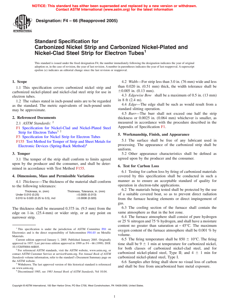 ASTM F4-66(2005) - Standard Specification for Carbonized Nickel Strip and Carbonized Nickel-Plated and Nickel-Clad Steel Strip for Electron Tubes (Withdrawn 2010)