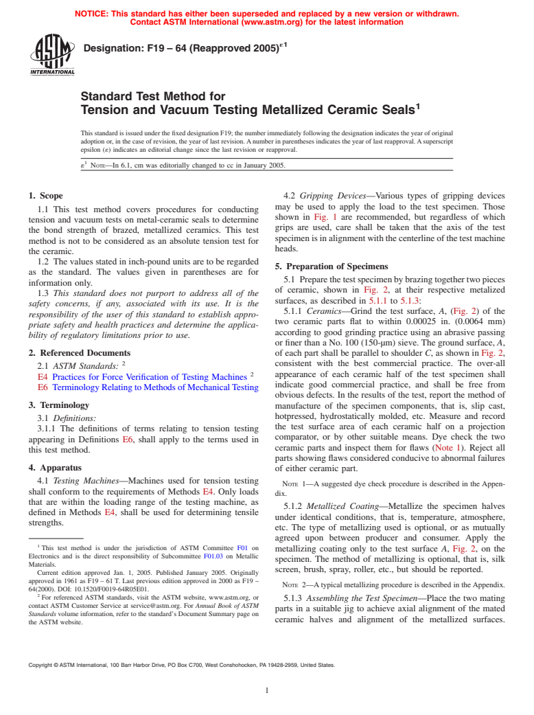 ASTM F19-64(2005)e1 - Standard Test Method for Tension and Vacuum Testing Metallized Ceramic Seals