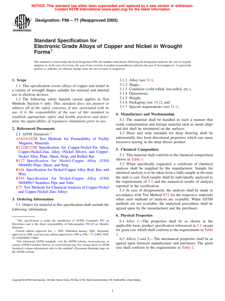 ASTM F96-77(2005) - Standard Specification for Electronic Grade Alloys of Copper and Nickel in Wrought Forms