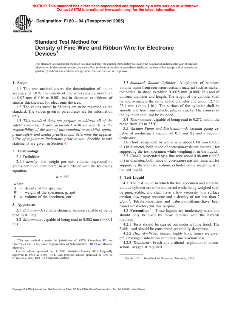 ASTM F180-94(2005) - Standard Test Method for Density of Fine Wire and Ribbon Wire for Electronic Devices