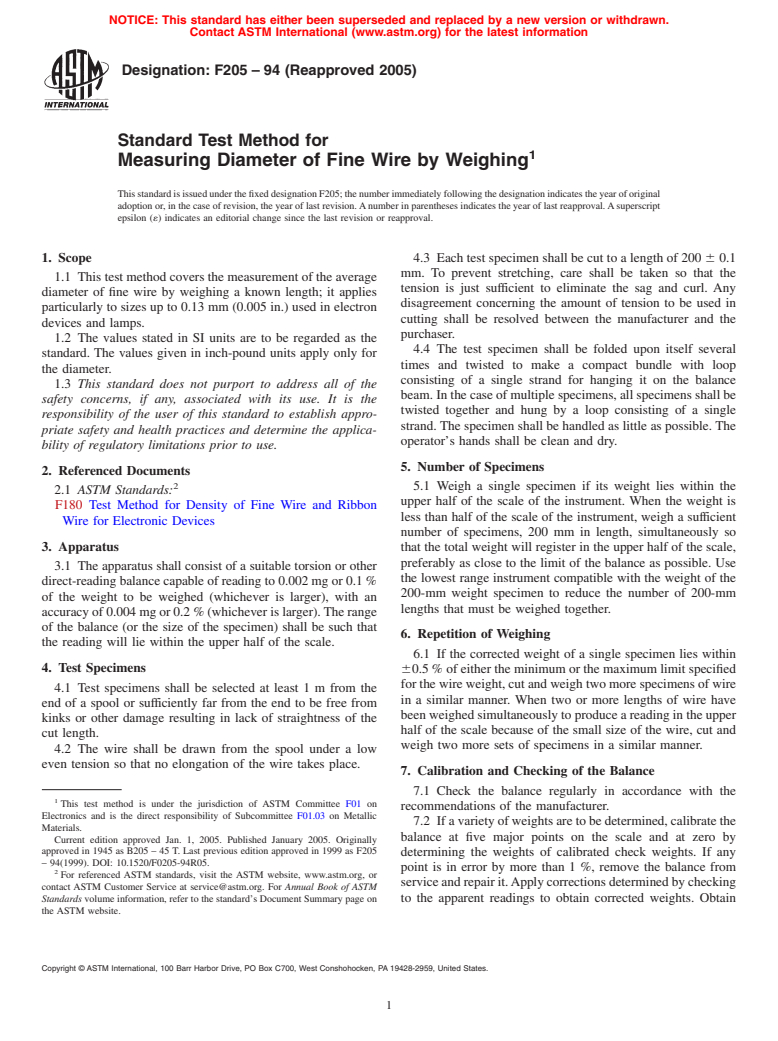 ASTM F205-94(2005) - Standard Test Method for Measuring Diameter of Fine Wire by Weighing