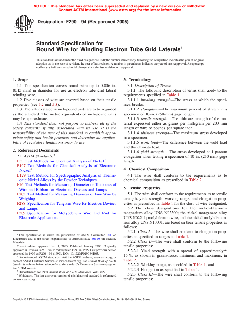 ASTM F290-94(2005) - Standard Specification for Round Wire for Winding Electron Tube Grid Laterals