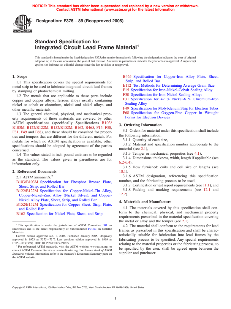 ASTM F375-89(2005) - Standard Specification for Integrated Circuit Lead Frame Material