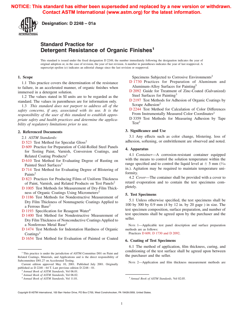 ASTM D2248-01a - Standard Practice for Detergent Resistance of Organic Finishes