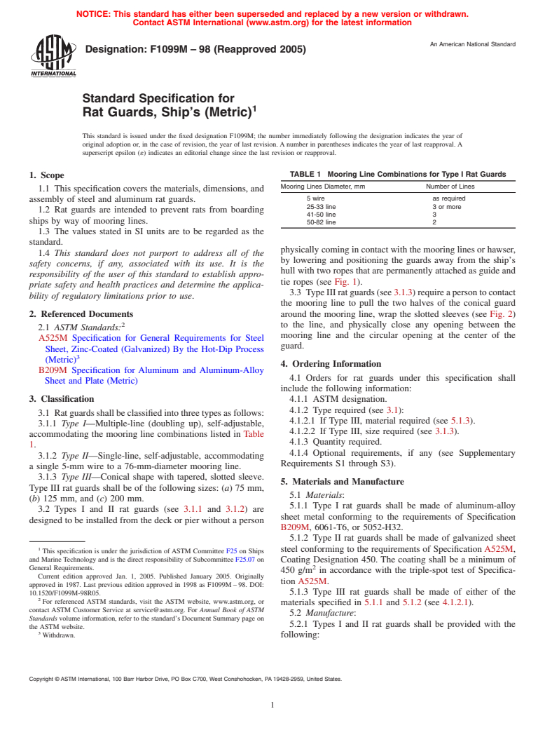 ASTM F1099M-98(2005) - Standard Specification for Rat Guards, Ship's (Metric)