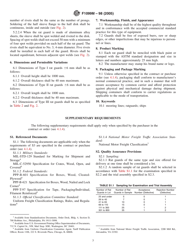 ASTM F1099M-98(2005) - Standard Specification for Rat Guards, Ship's (Metric)