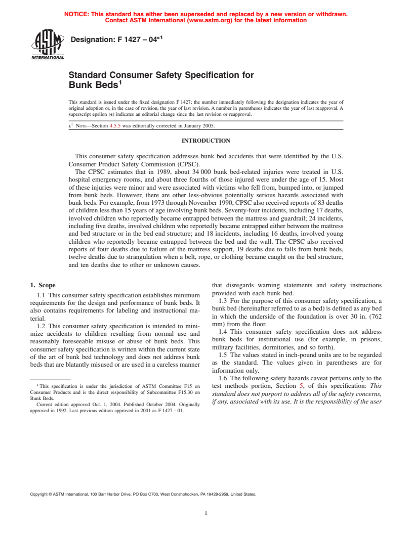 ASTM F1427-04e1 - Standard Consumer Safety Specification for Bunk Beds