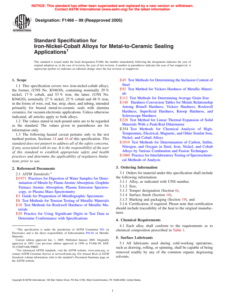 ASTM F1466-99(2005) - Standard Specification for Iron-Nickel-Cobalt Alloys for Metal-to-Ceramic Sealing Applications