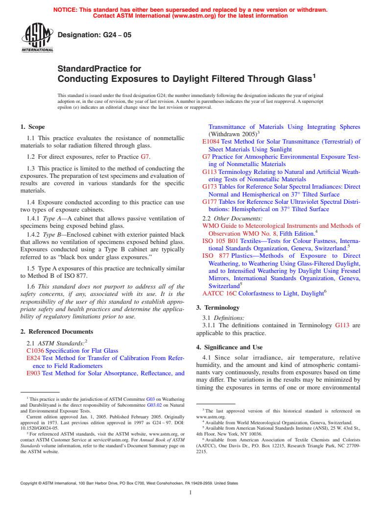 ASTM G24-05 - Standard Practice for Conducting Exposures to Daylight Filtered Through Glass