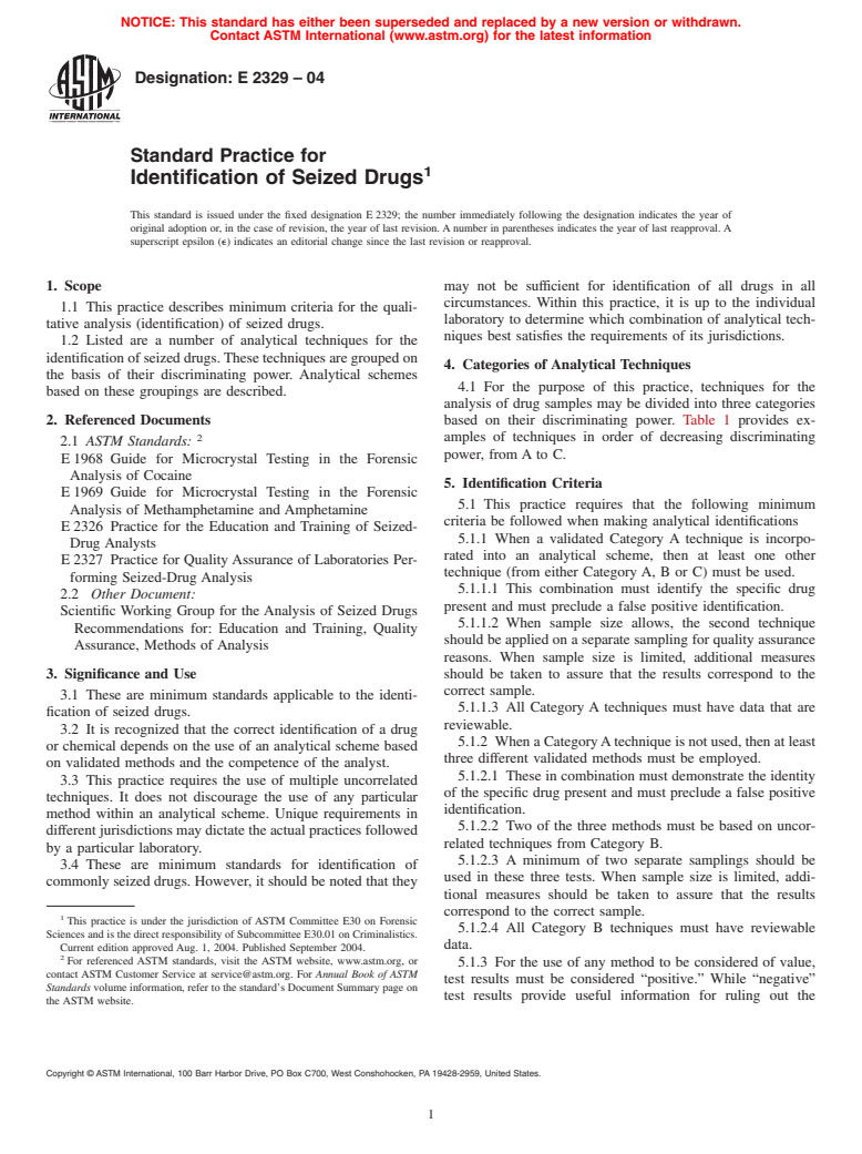 ASTM E2329-04 - Standard Practice for Identification of Seized Drugs