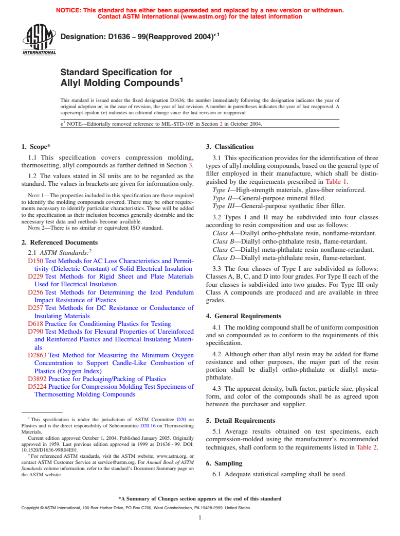 ASTM D1636-99(2004)e1 - Standard Specification for Allyl Molding Compounds