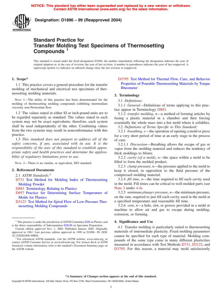 ASTM D1896-99(2004) - Standard Practice for Transfer Molding Test Specimens of Thermosetting Compounds