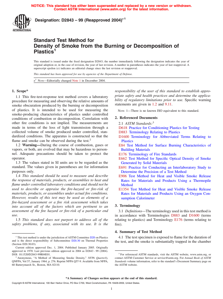 ASTM D2843-99(2004)e1 - Standard Test Method for Density of Smoke from the Burning or Decomposition of Plastics