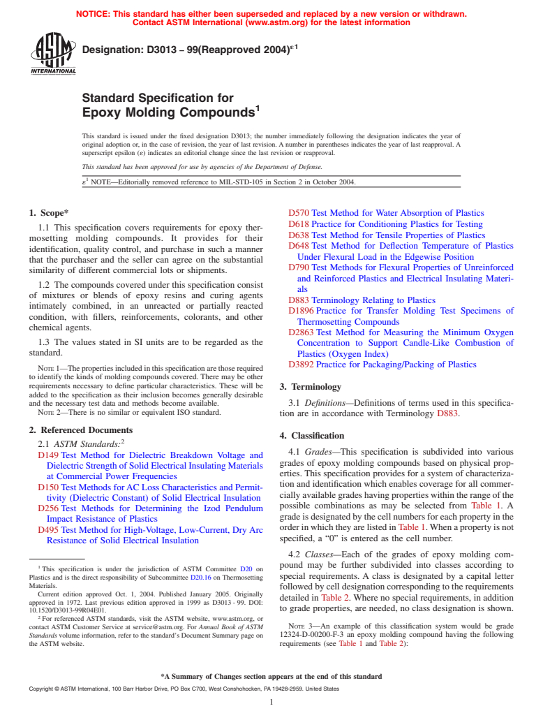 ASTM D3013-99(2004)e1 - Standard Specification for Epoxy Molding Compounds