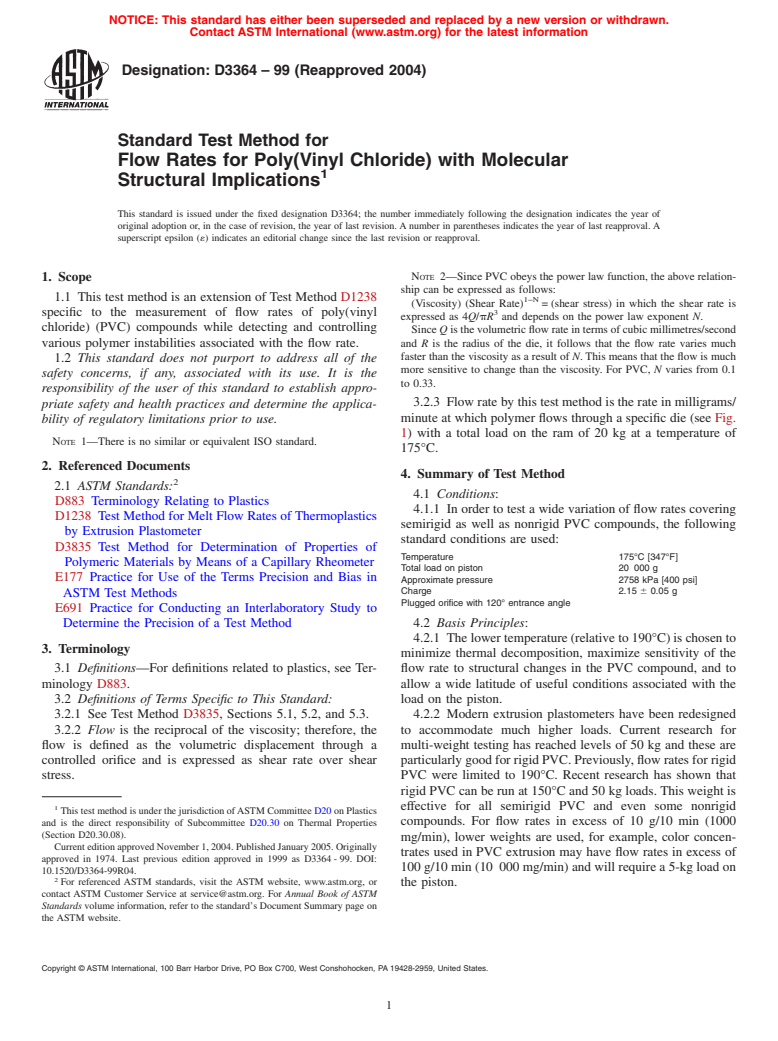 ASTM D3364-99(2004) - Standard Test Method for Flow Rates for Poly(Vinyl Chloride) with Molecular Structural Implications