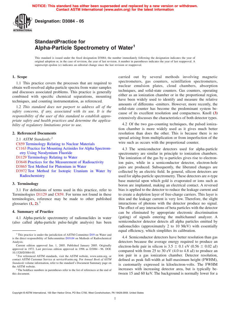 ASTM D3084-05 - Standard Practice for Alpha-Particle Spectrometry of Water