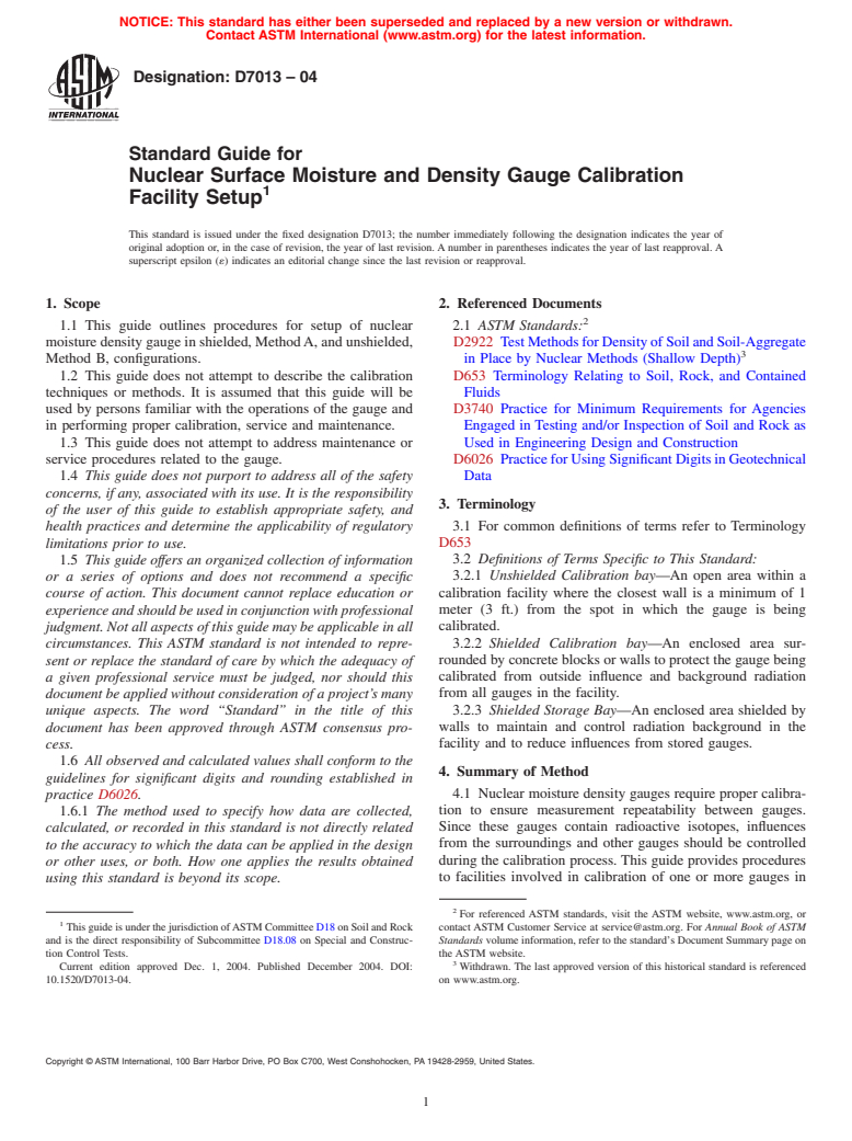 ASTM D7013-04 - Standard Guide for Nuclear Surface Moisture and Density Gauge Calibration Facility Setup