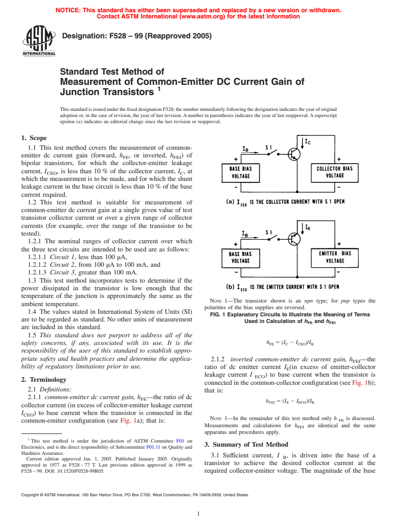 ASTM F528-99(2005) - Standard Test Method of Measurement of Common-Emitter D-C Current Gain of Junction Transistors (Withdrawn 2011)