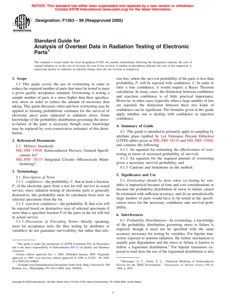 ASTM F1263-99(2005) - Standard Guide for Analysis of Overtest Data in Radiation Testing of Electronic Parts