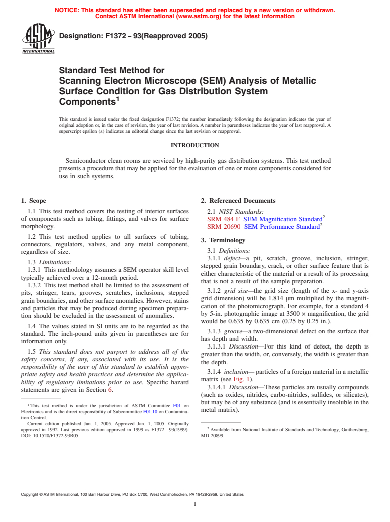 ASTM F1372-93(2005) - Standard Test Method for Scanning Electron Microscope (SEM) Analysis of Metallic Surface Condition for Gas Distribution System Components