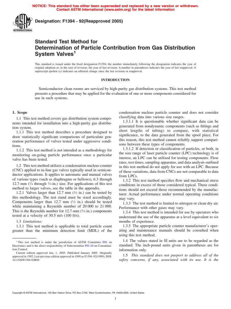 ASTM F1394-92(2005) - Standard Test Method for Determination of Particle Contribution from Gas Distribution System Valves