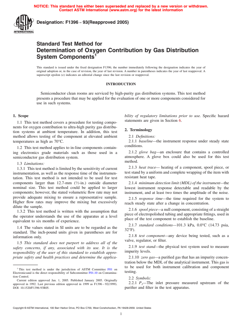 ASTM F1396-93(2005) - Standard Test Method for Determination of Oxygen Contribution by Gas Distribution System Components