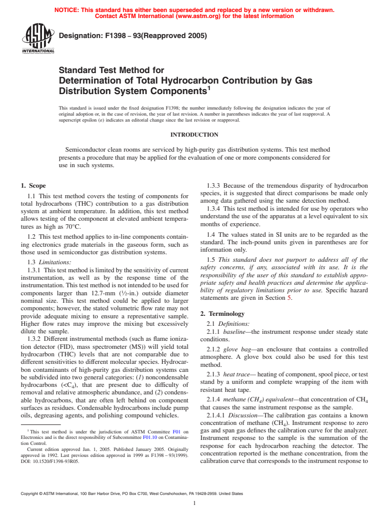 ASTM F1398-93(2005) - Standard Test Method for Determination of Total Hydrocarbon Contribution by Gas Distribution System Components