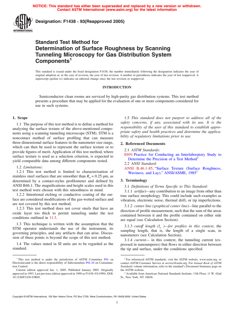 ASTM F1438-93(2005) - Standard Test Method for Determination of Surface Roughness by Scanning Tunneling Microscopy for Gas Distribution System Components