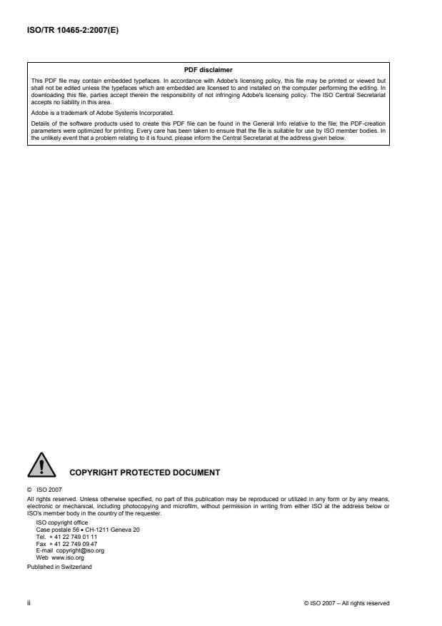 ISO/TR 10465-2:2007 ISO/TR 10465-2:2007 - Underground installation of flexible glass-reinforced pipes based on unsaturated polyester resin (GRP-UP) - Page 2 preview