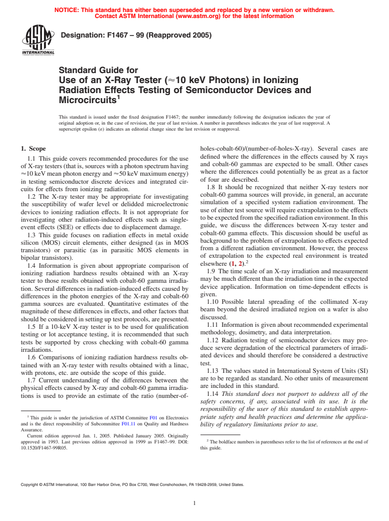 ASTM F1467-99(2005) - Standard Guide for Use of an X-Ray Tester ([approximate]10 keV Photons) in Ionizing Radiation Effects Testing of Semiconductor Devices and Microcircuits