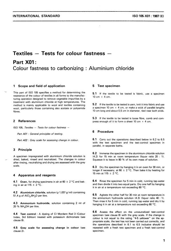 ISO 105-X01:1987 - Textiles -- Tests for colour fastness