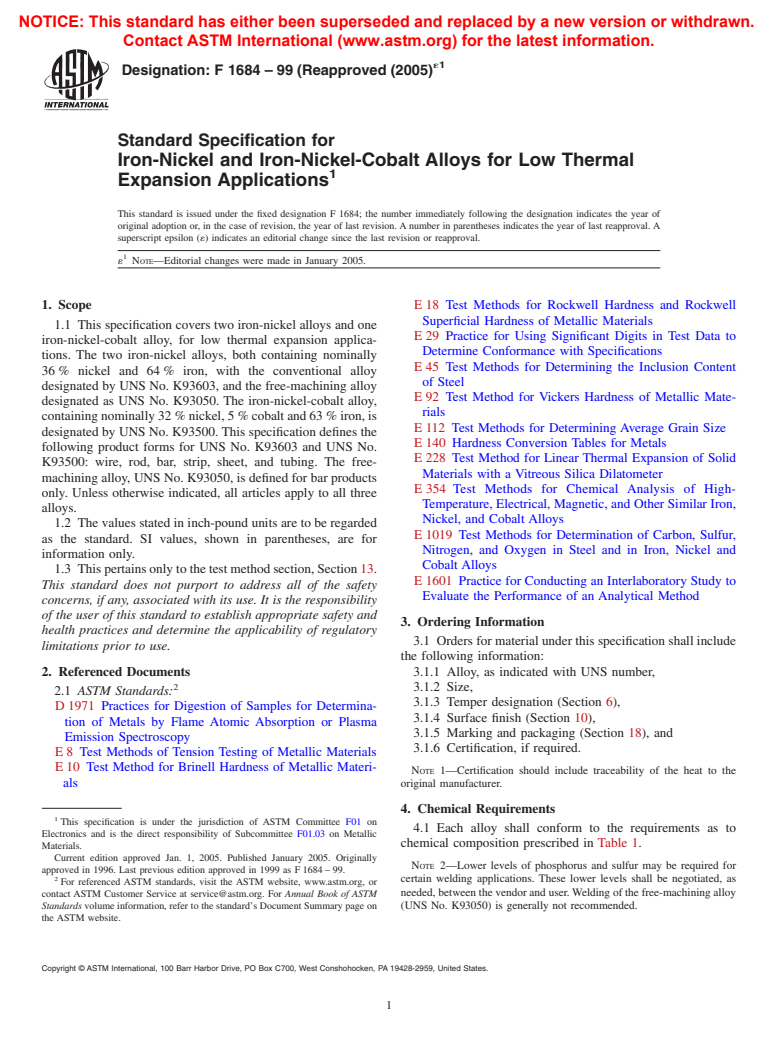 ASTM F1684-99(2005)e1 - Standard Specification for Iron-Nickel and Iron-Nickel-Cobalt Alloys for Low Thermal Expansion Applications