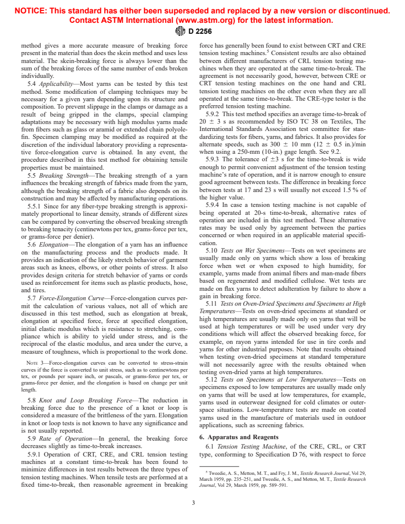 ASTM D2256-97 - Standard Test Method for Tensile Properties of Yarns by the Single-Strand Method