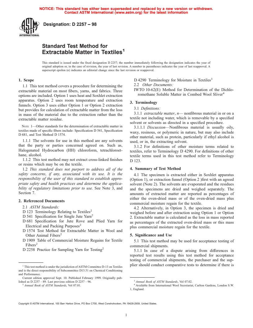 ASTM D2257-98 - Standard Test Method for Extractable Matter in Textiles