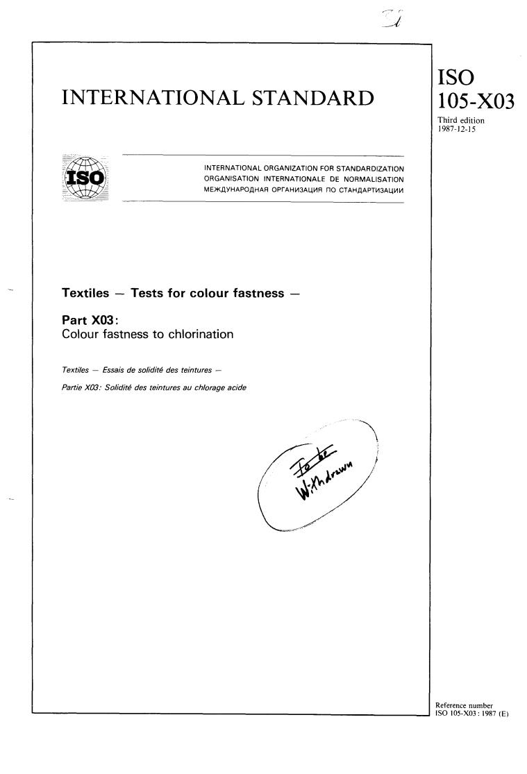 ISO 105-X03:1987 - Textiles — Tests for colour fastness — Part X03: Colour fastness to chlorination
Released:12/17/1987