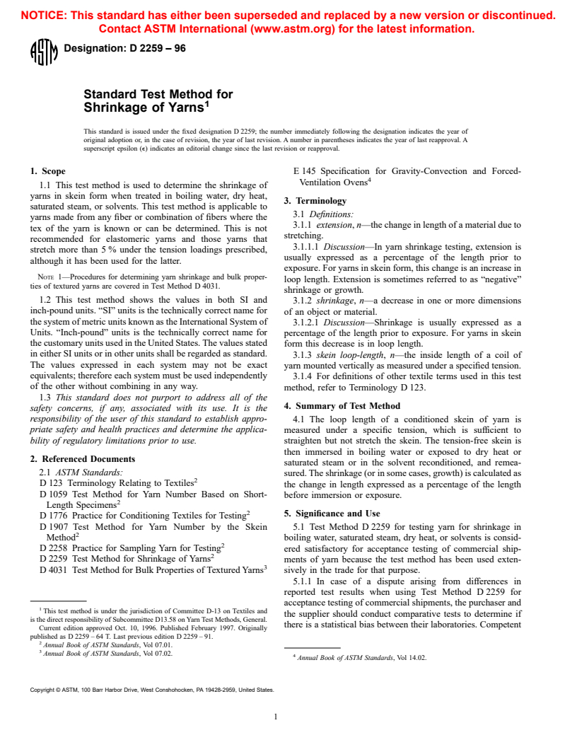 ASTM D2259-96 - Standard Test Method for Shrinkage of Yarns