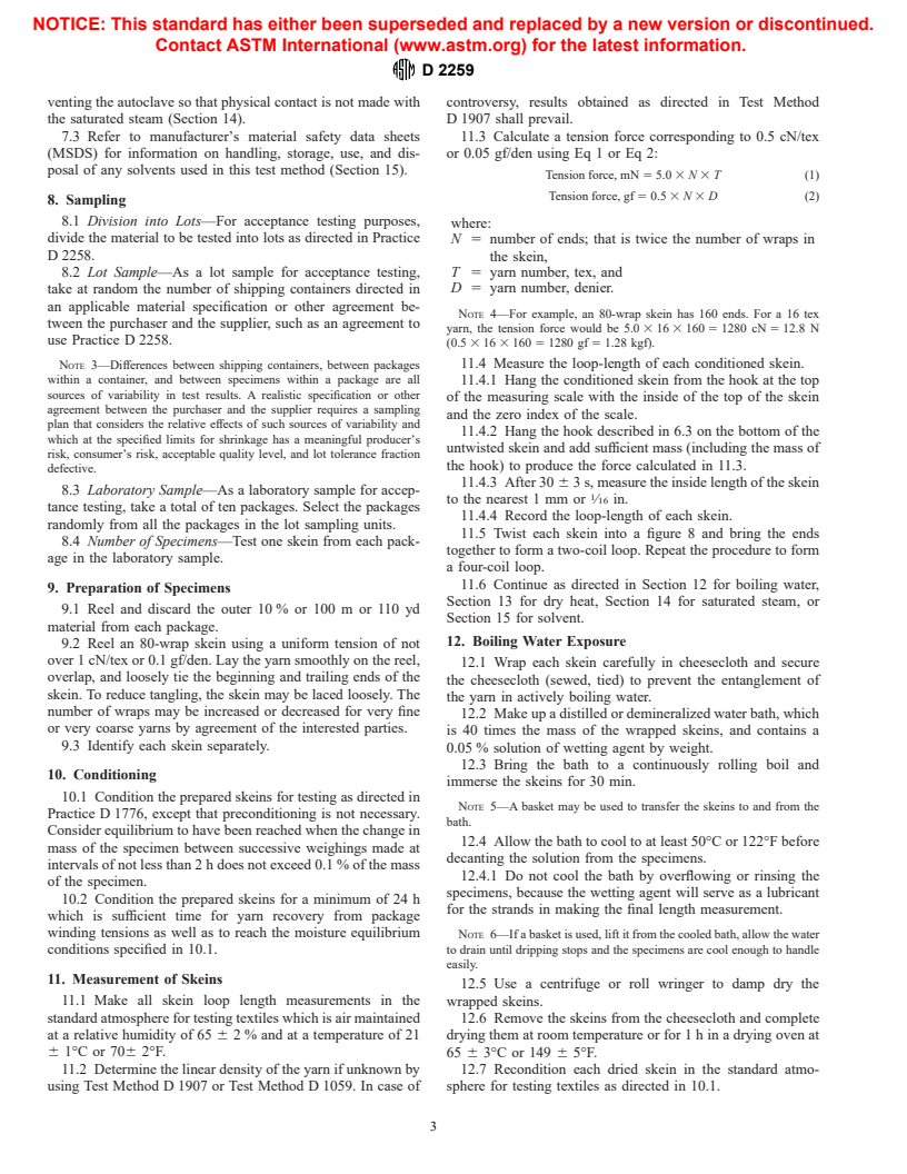 ASTM D2259-96 - Standard Test Method for Shrinkage of Yarns