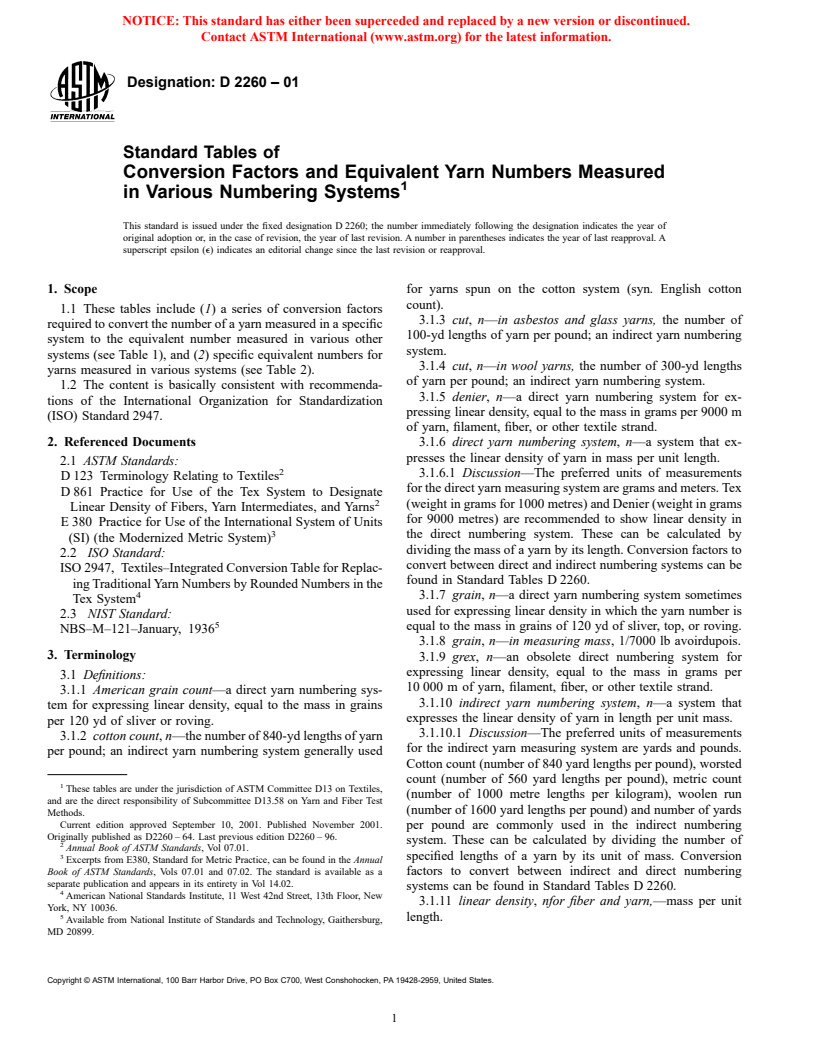 ASTM D2260-01 - Standard Tables of Conversion Factors and Equivalent Yarn Numbers Measured in Various Numbering Systems