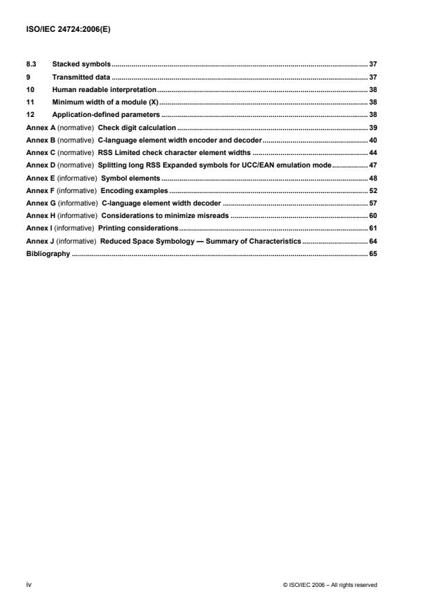 ISO/IEC 24724:2006 ISO/IEC 24724:2006 - Information technology -- Automatic identification and data capture techniques -- Reduced Space Symbology (RSS) bar code symbology specification - Page 4 preview
