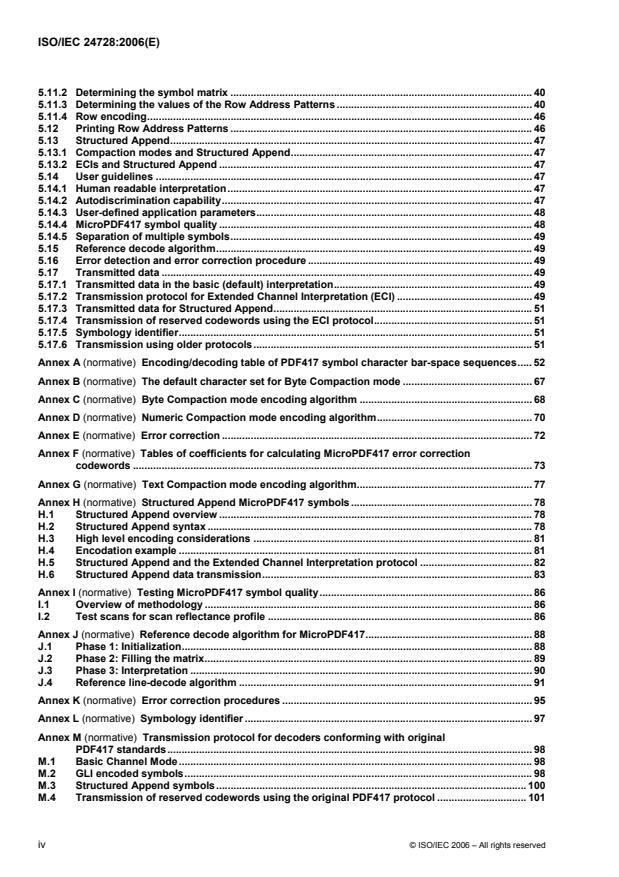 ISO/IEC 24728:2006 ISO/IEC 24728:2006 - Information technology -- Automatic identification and data capture techniques -- MicroPDF417 bar code symbology specification - Page 4 preview