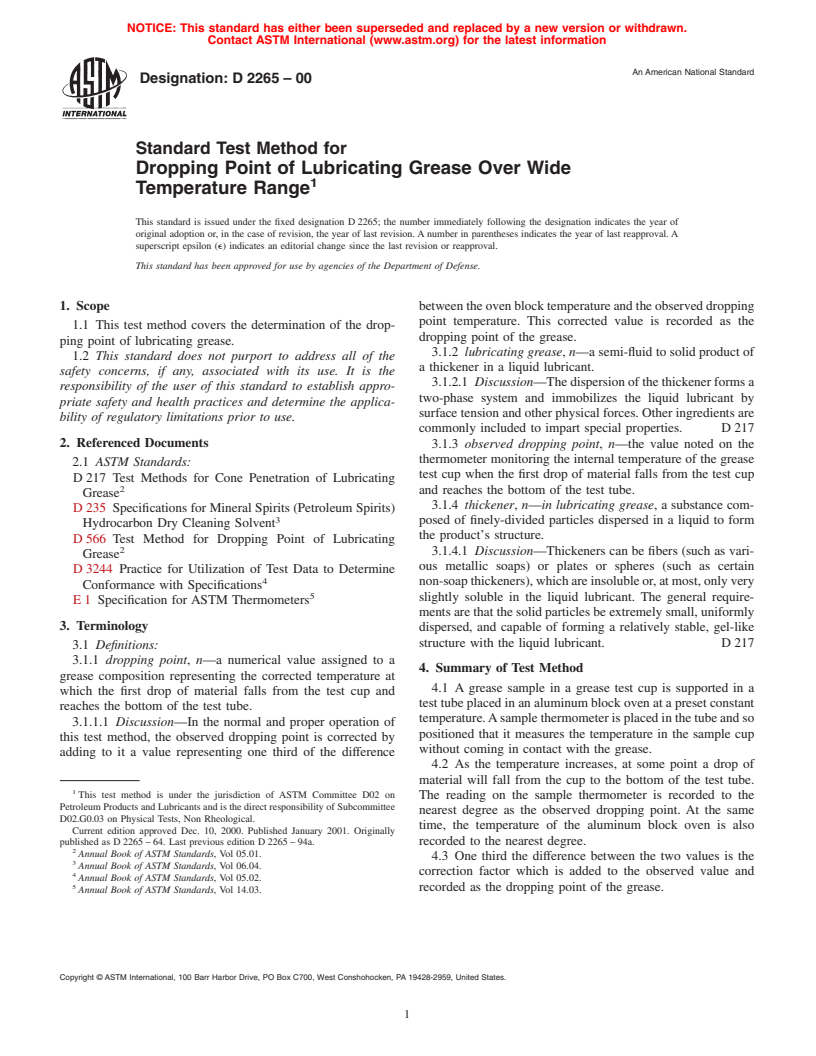 ASTM D2265-00 - Standard Test Method for Dropping Point of Lubricating Grease Over Wide Temperature Range