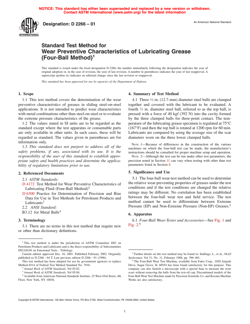 ASTM D2266-01 - Standard Test Method for Wear Preventive Characteristics of Lubricating Grease (Four-Ball Method)