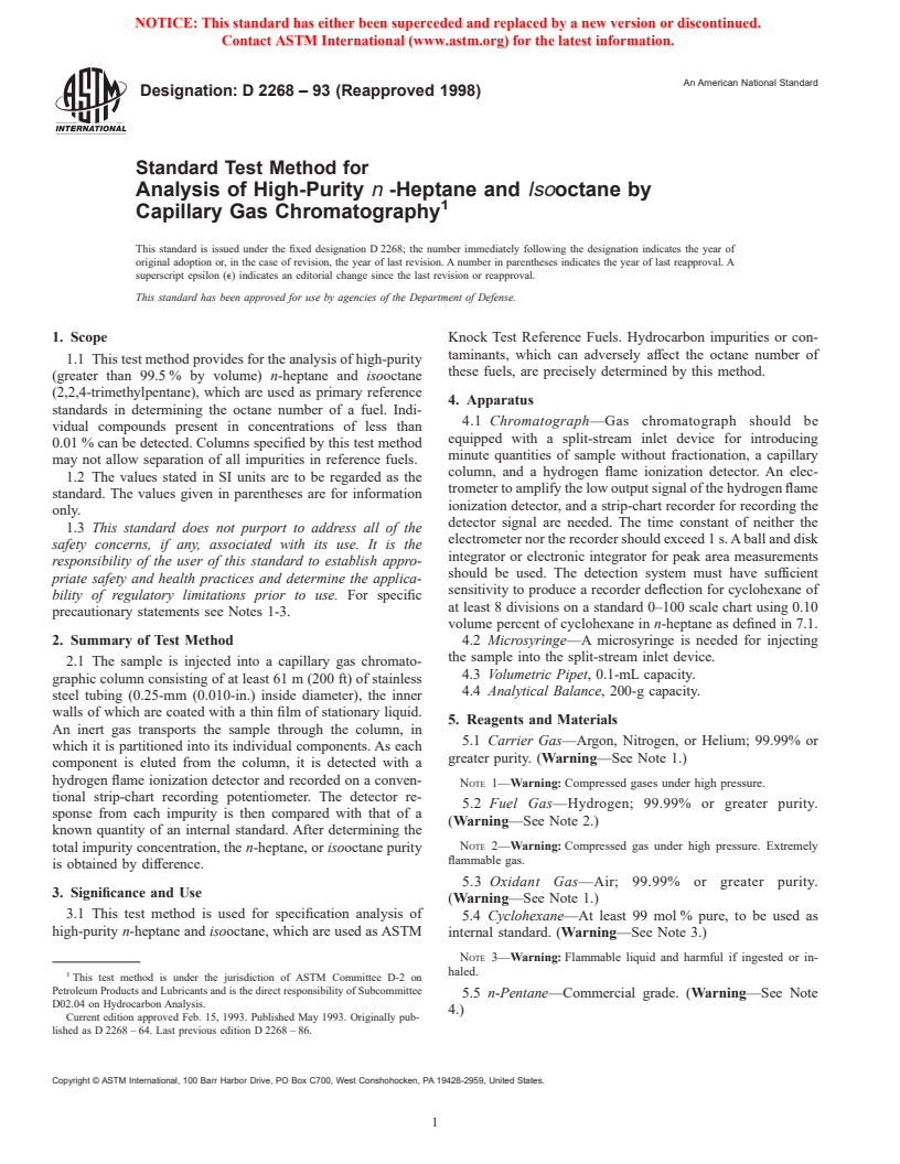 ASTM D2268-93(1998) - Standard Test Method for Analysis of High-Purity <i>n</i>-Heptane and <i>Iso</i>octane by Capillary Gas Chromatography