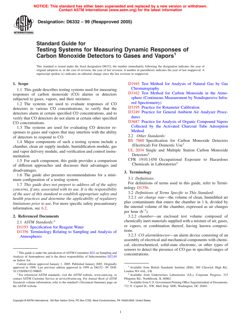 ASTM D6332-99(2005) - Standard Guide for Testing Systems for Measuring Dynamic Responses of Carbon Monoxide Detectors to Gases and Vapors