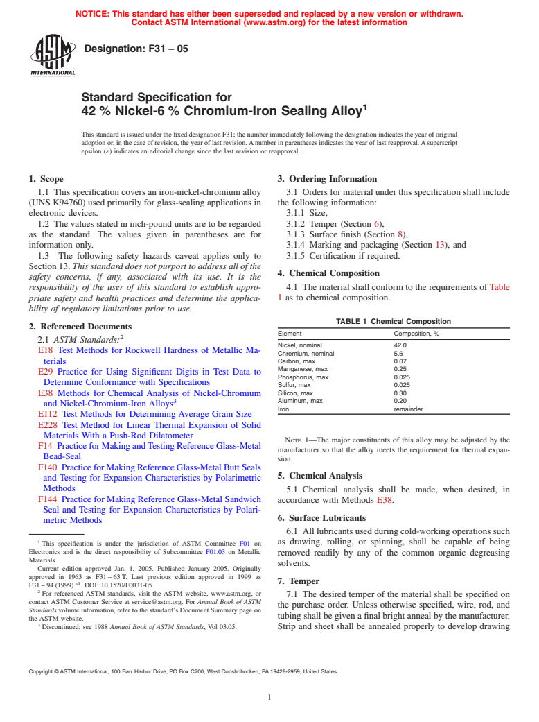 ASTM F31-05 - Standard Specification for 42% Nickel-6% Chromium-Iron Sealing Alloy