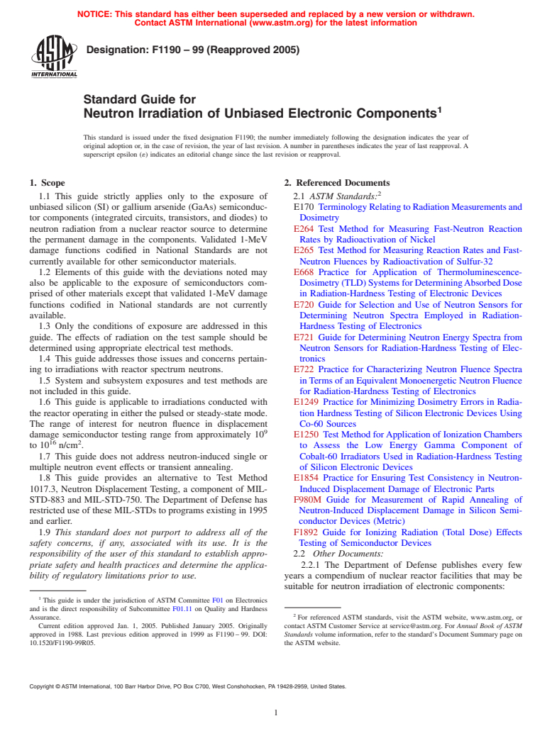 ASTM F1190-99(2005) - Standard Guide for Neutron Irradiation of Unbiased Electronic Components