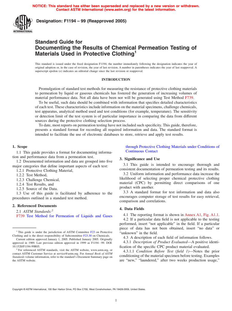 ASTM F1194-99(2005) - Standard Guide for Documenting the Results of Chemical Permeation Testing of Materials Used in Protective Clothing