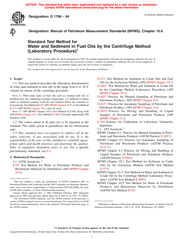 ASTM D1796-04 - Standard Test Method for Water and Sediment in Fuel Oils by the Centrifuge Method (Laboratory Procedure)