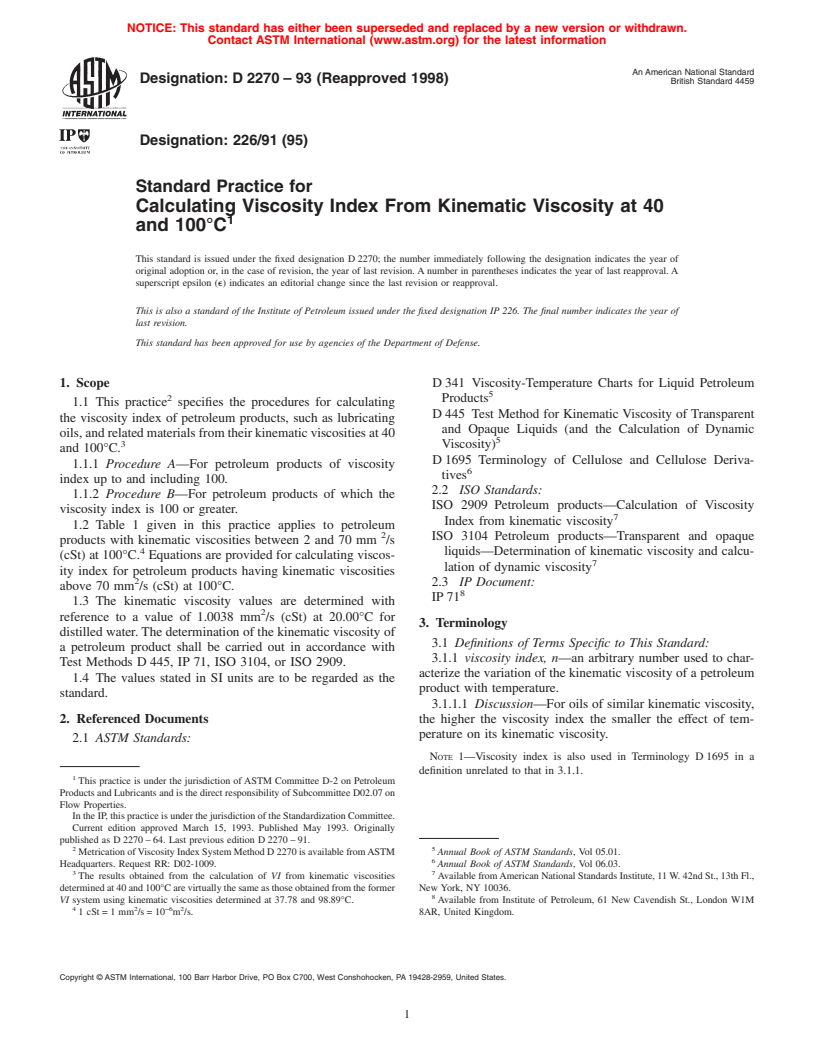 ASTM D2270-93(1998) - Standard Practice for Calculating Viscosity Index From Kinematic Viscosity at 40 and 100&#176C