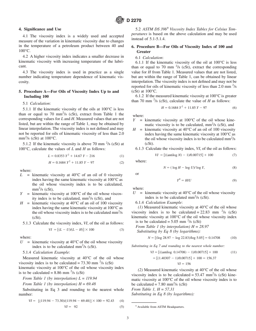 ASTM D2270-93(1998) - Standard Practice for Calculating Viscosity Index From Kinematic Viscosity at 40 and 100&#176C